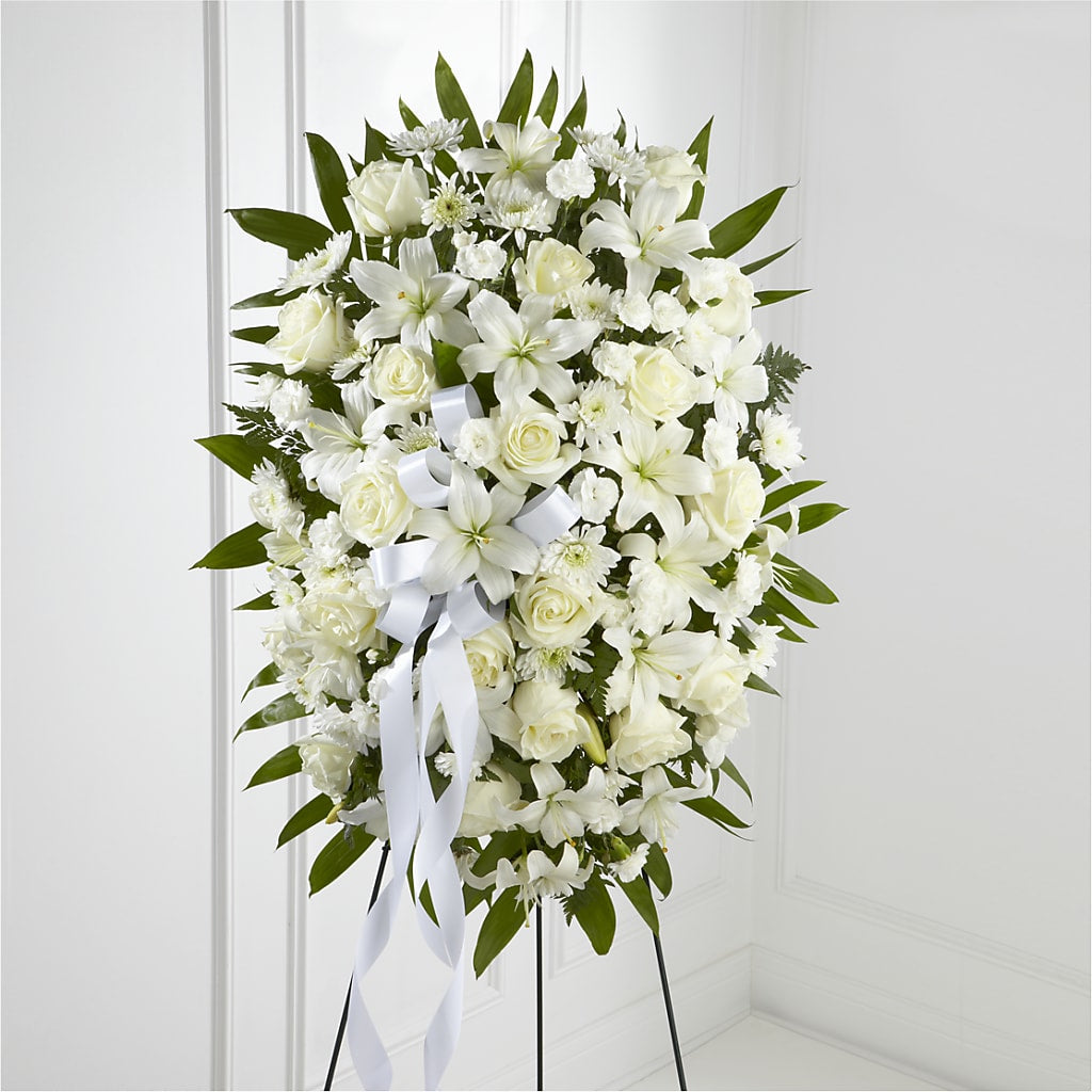 Exquisite Tribute Standing Spray-White Ribbon – AMELIA'S FLOWERS, Naples FL