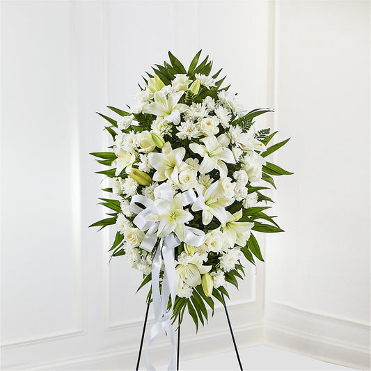 Exquisite Tribute Standing Spray-White Ribbon – AMELIA'S FLOWERS, Naples FL