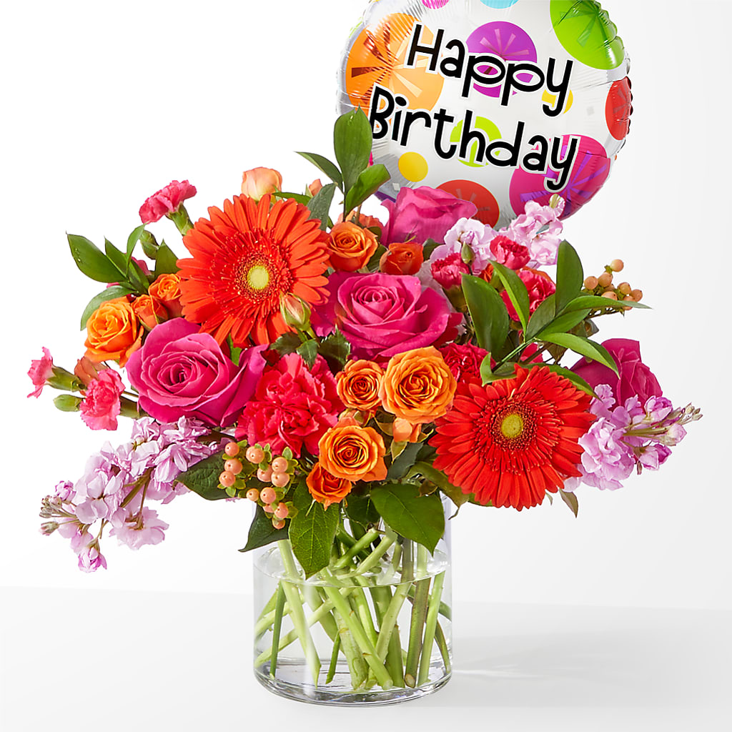 Fiesta Bouquet with Birthday Balloon – AMELIA'S FLOWERS, Naples FL