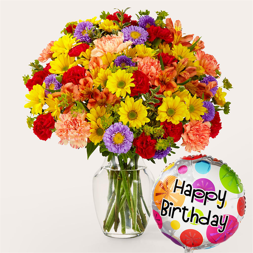 Kaleidoscope Bouquet with Birthday Balloon – AMELIA'S FLOWERS, Naples FL