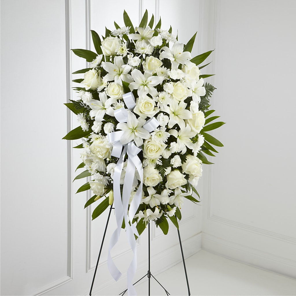 Exquisite Tribute Standing Spray-White Ribbon – AMELIA'S FLOWERS, Naples FL