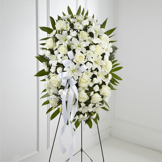 Exquisite Tribute Standing Spray-White Ribbon – AMELIA'S FLOWERS, Naples FL