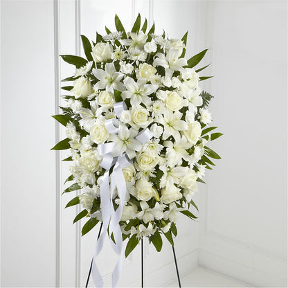 Exquisite Tribute Standing Spray-White Ribbon – AMELIA'S FLOWERS, Naples FL