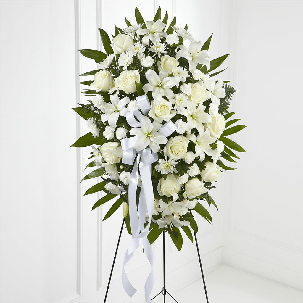 Exquisite Tribute Standing Spray-White Ribbon – AMELIA'S FLOWERS, Naples FL
