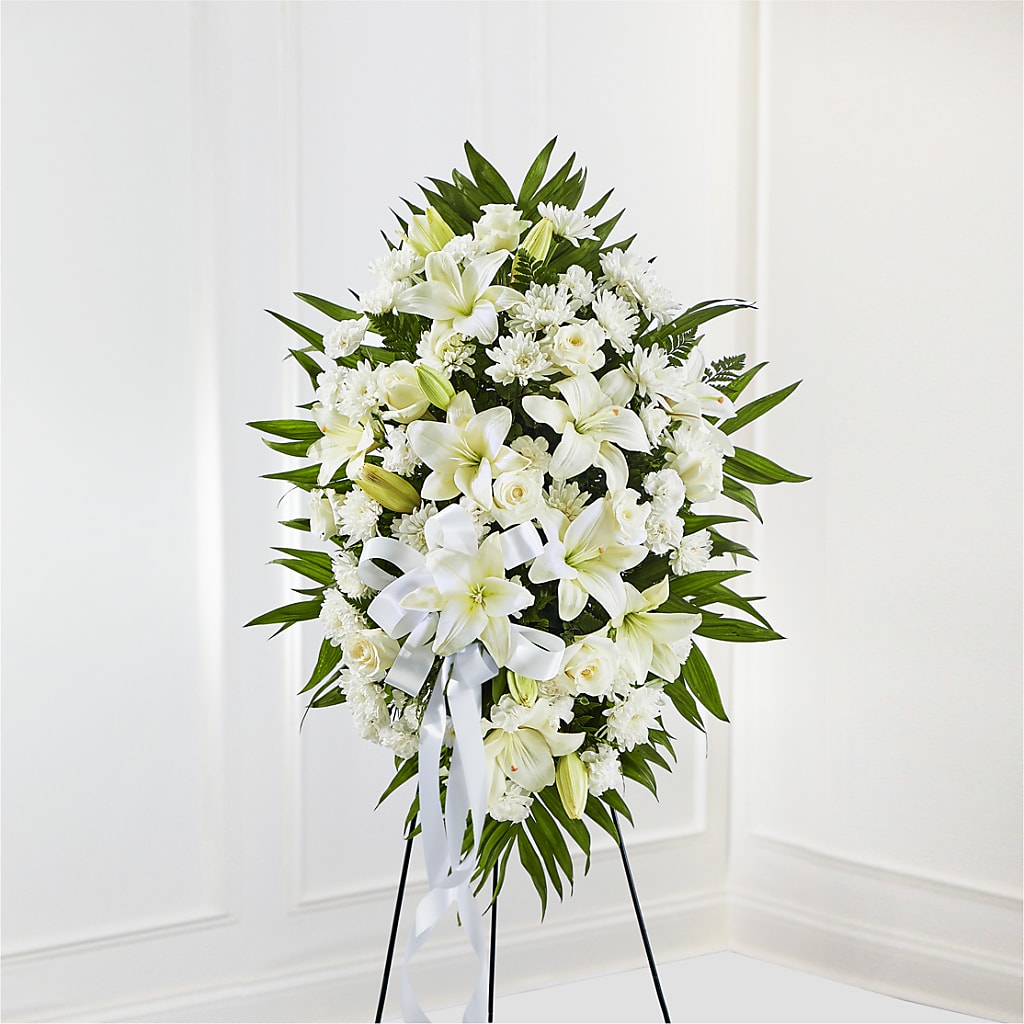 Exquisite Tribute Standing Spray-White Ribbon – AMELIA'S FLOWERS, Naples FL