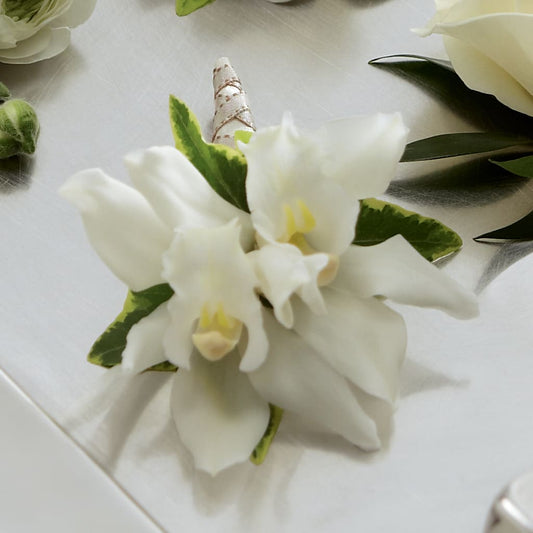 White Mini Cymbidium Boutonniere – AMELIA'S FLOWERS, Naples FL